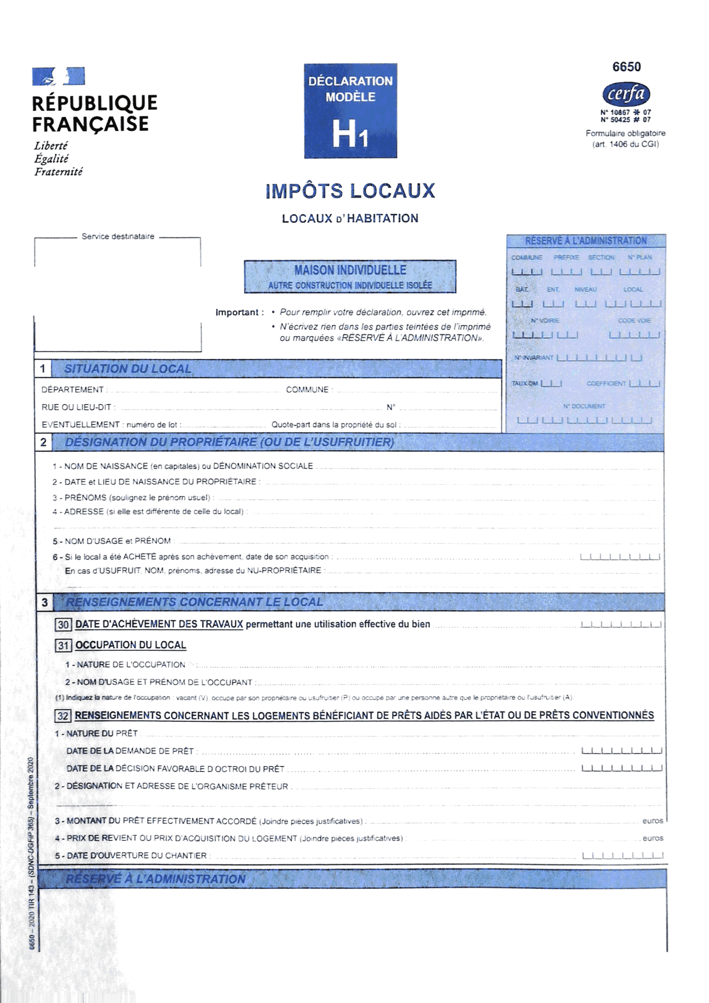 Formulaire H1 6650 - Service Publique