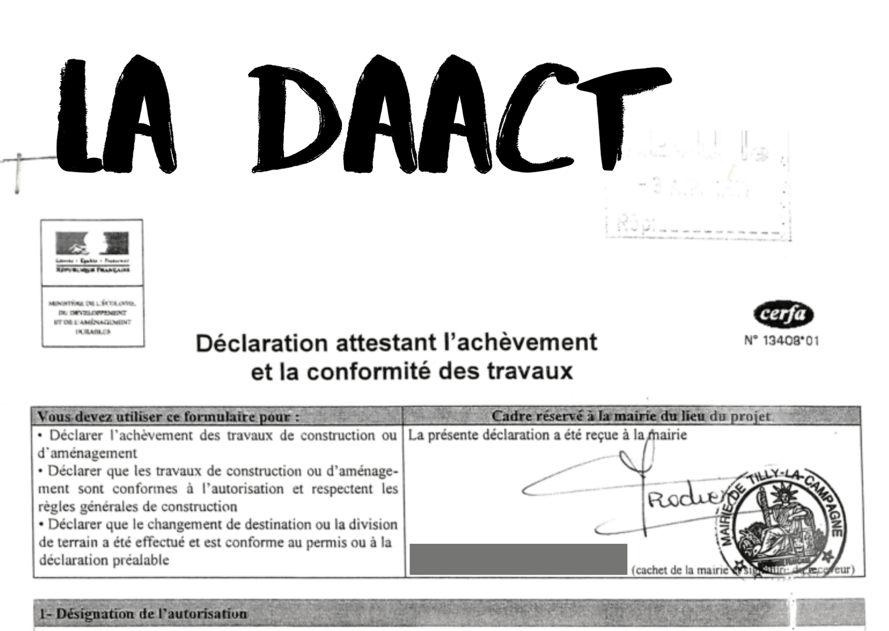 La déclaration de fin de travaux DAACT et de conformité